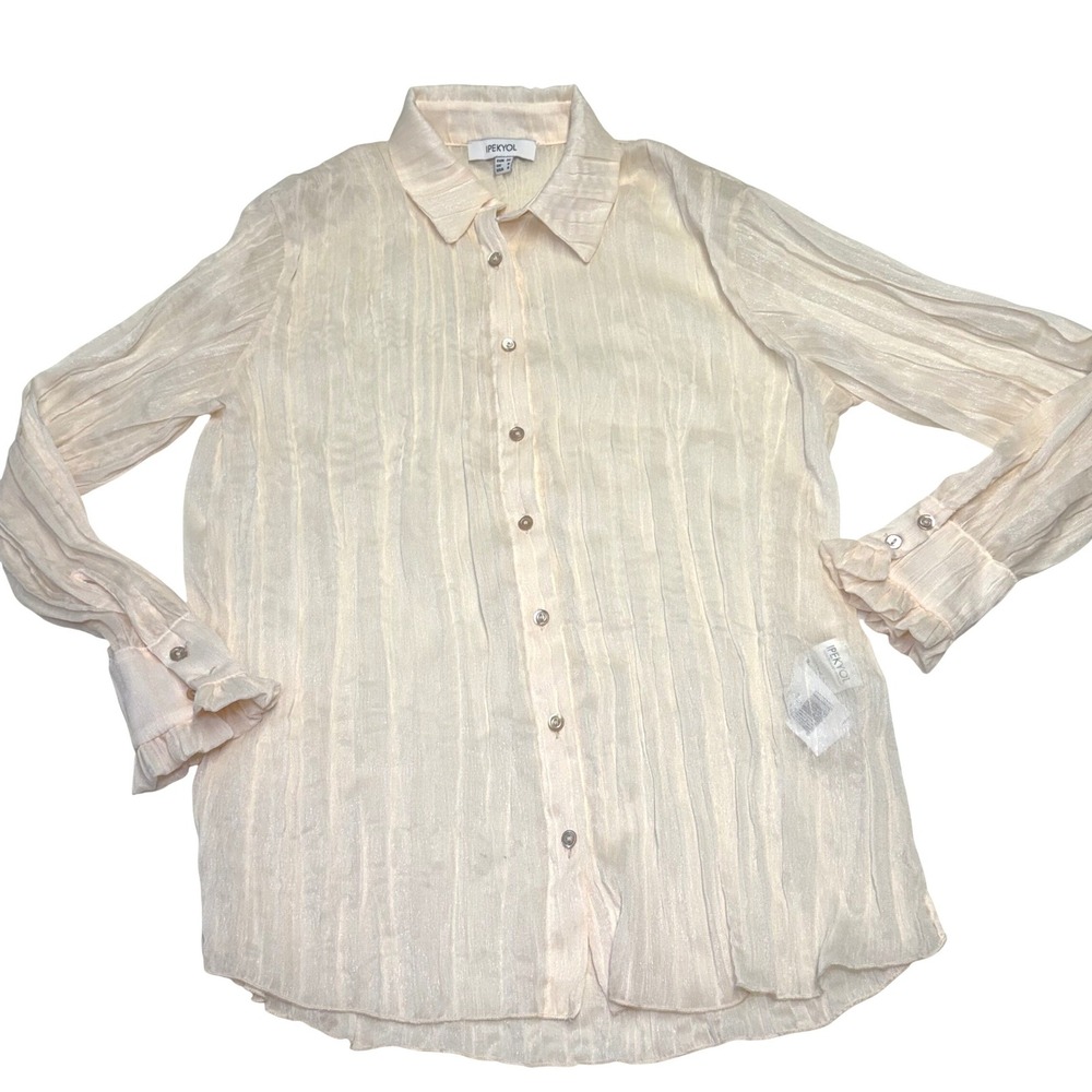 Ipekyol Shimmer‎ Crinkle Button Down Blouse Ruffle Cuff Cream Size 4 Romantic